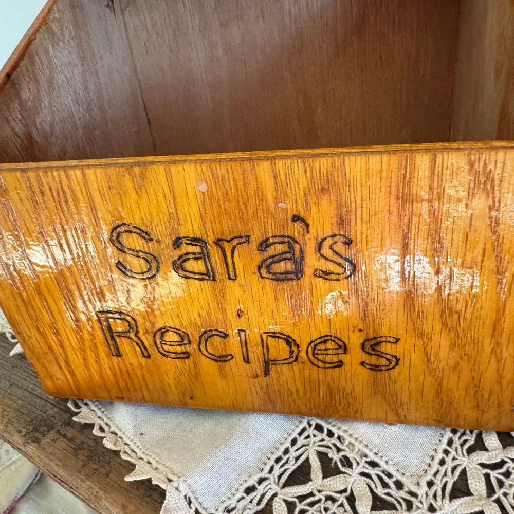 Vintage Handcrafted Wood Burned Recipe Box Hummingbird Sara's Recipes Folk Art